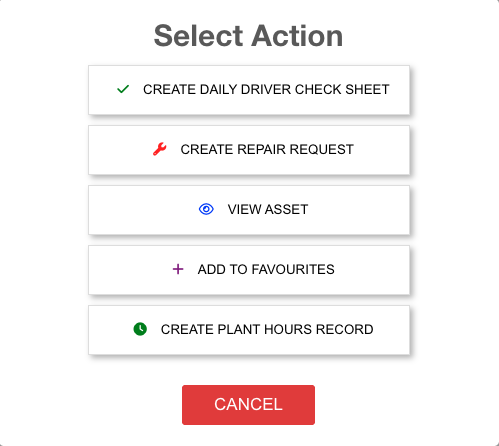 The asset action menu