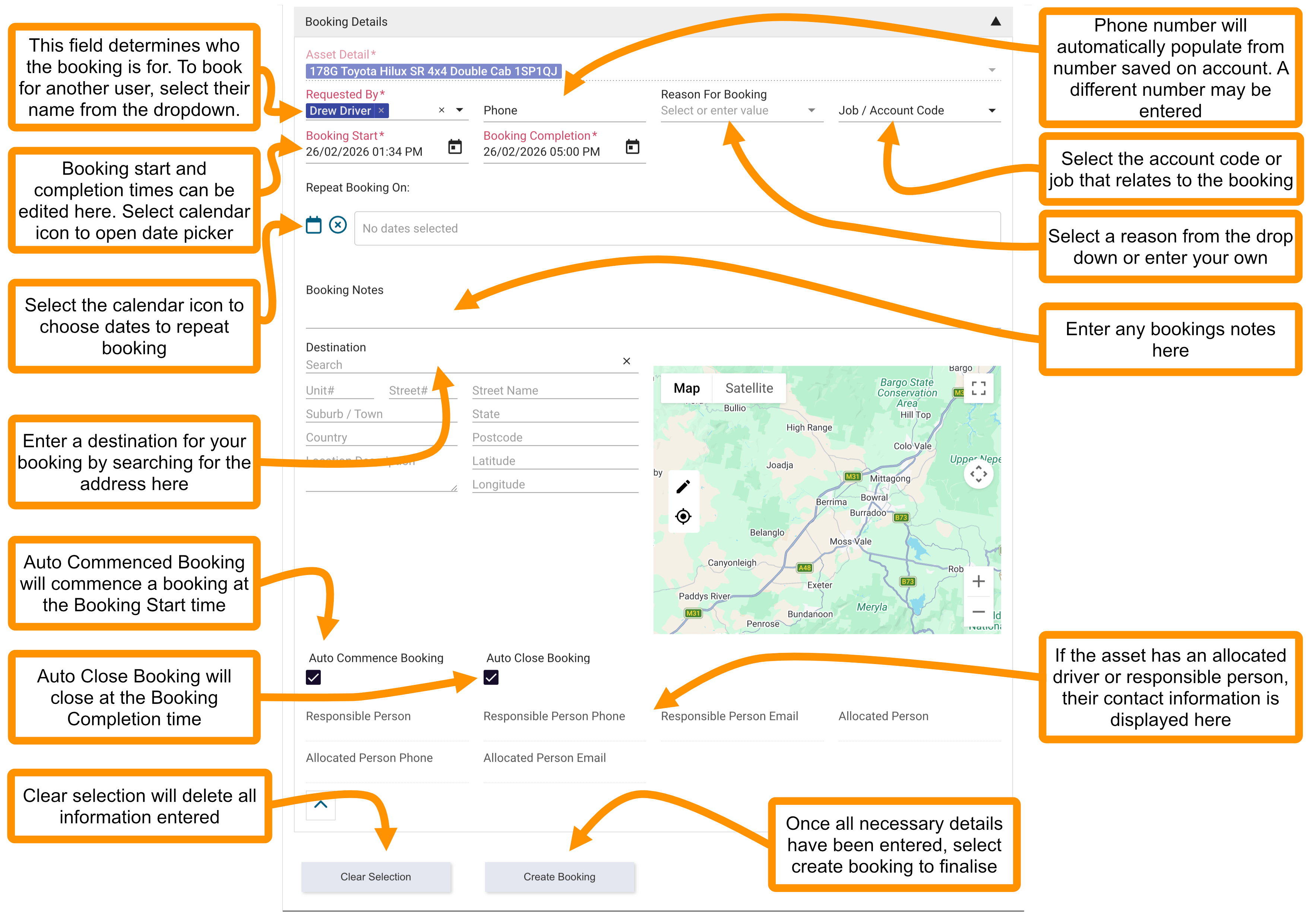 The booking details form showing optional fields