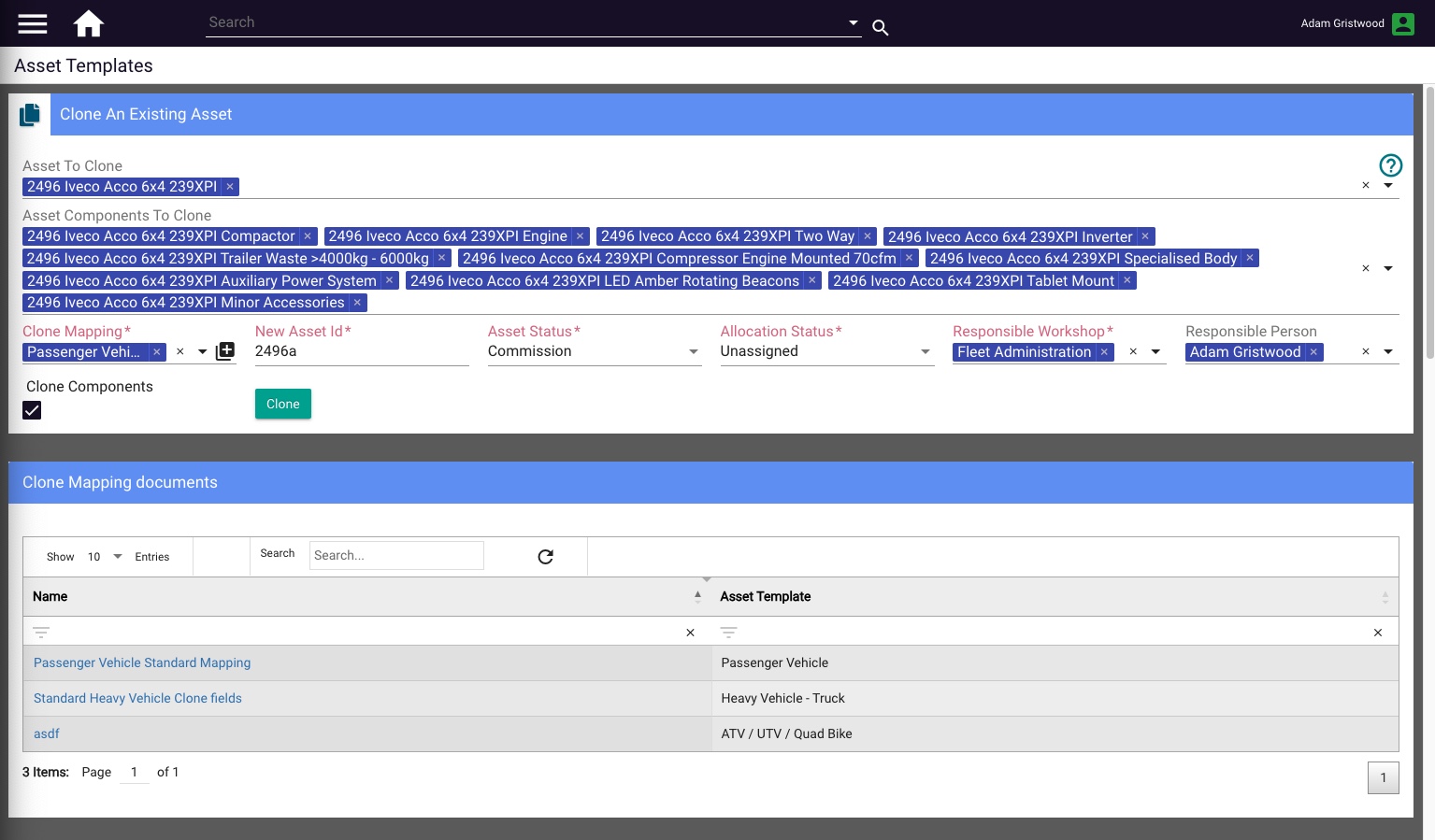 The Asset Templates page showing the cloning fields