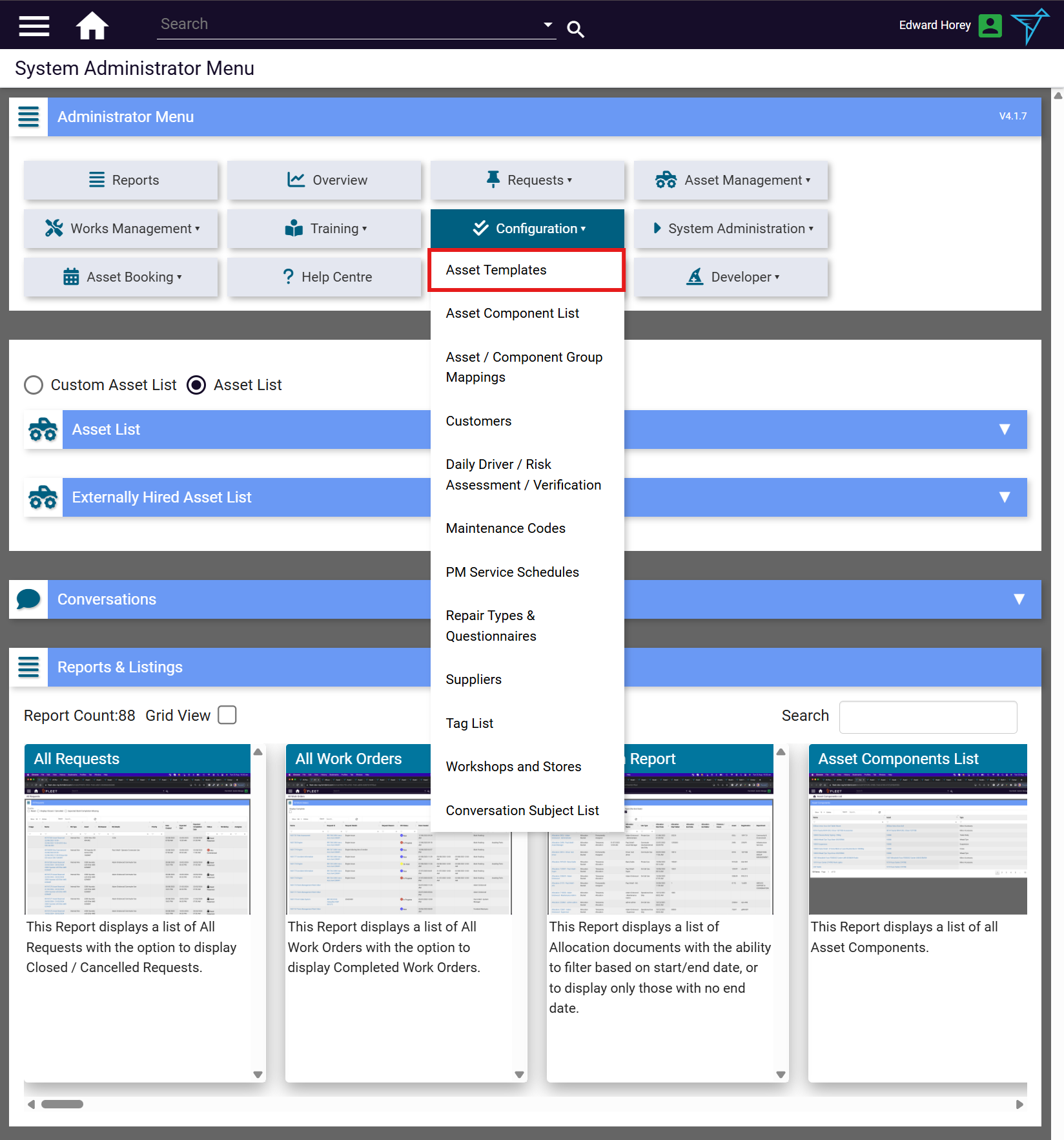 Selecting Asset Templates from the Configuration dropdown menu