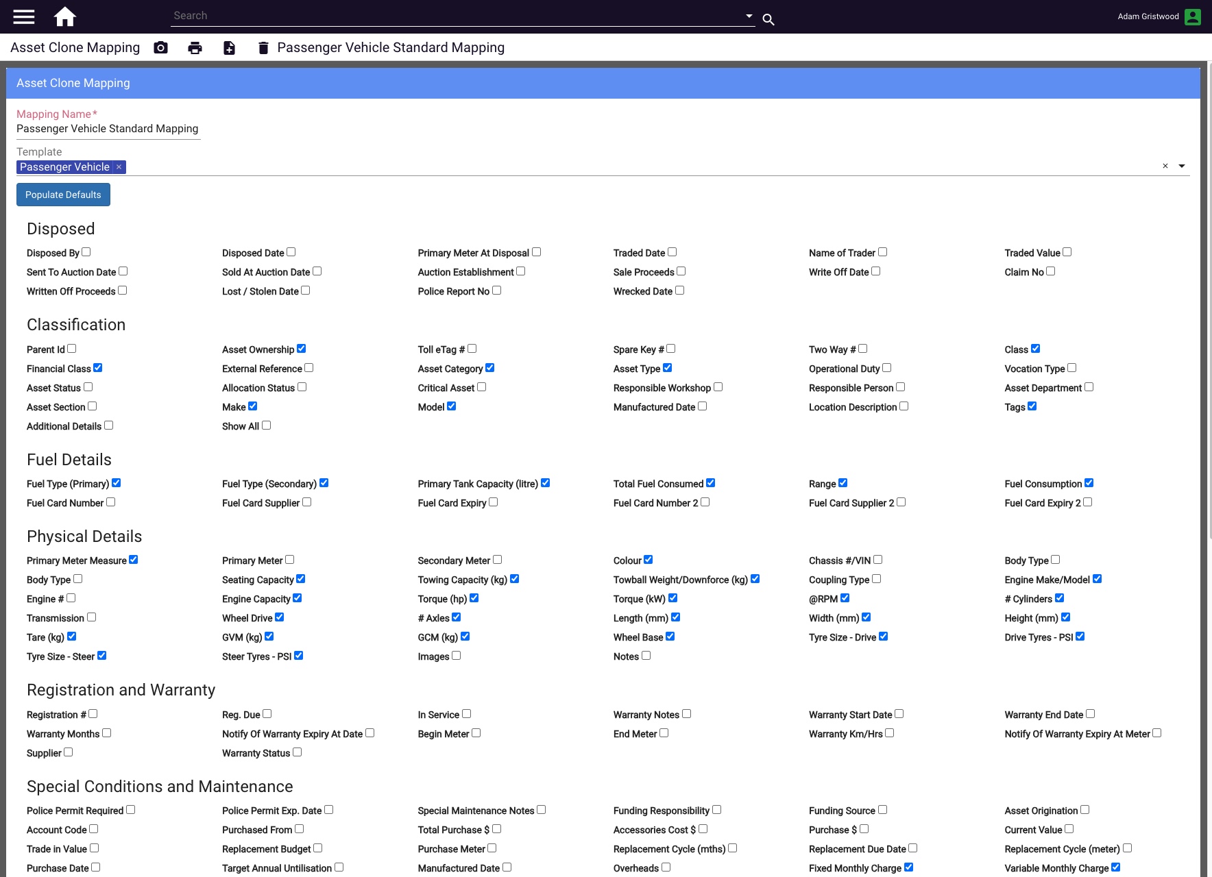 A Clone Mapping document with fields selected for copying