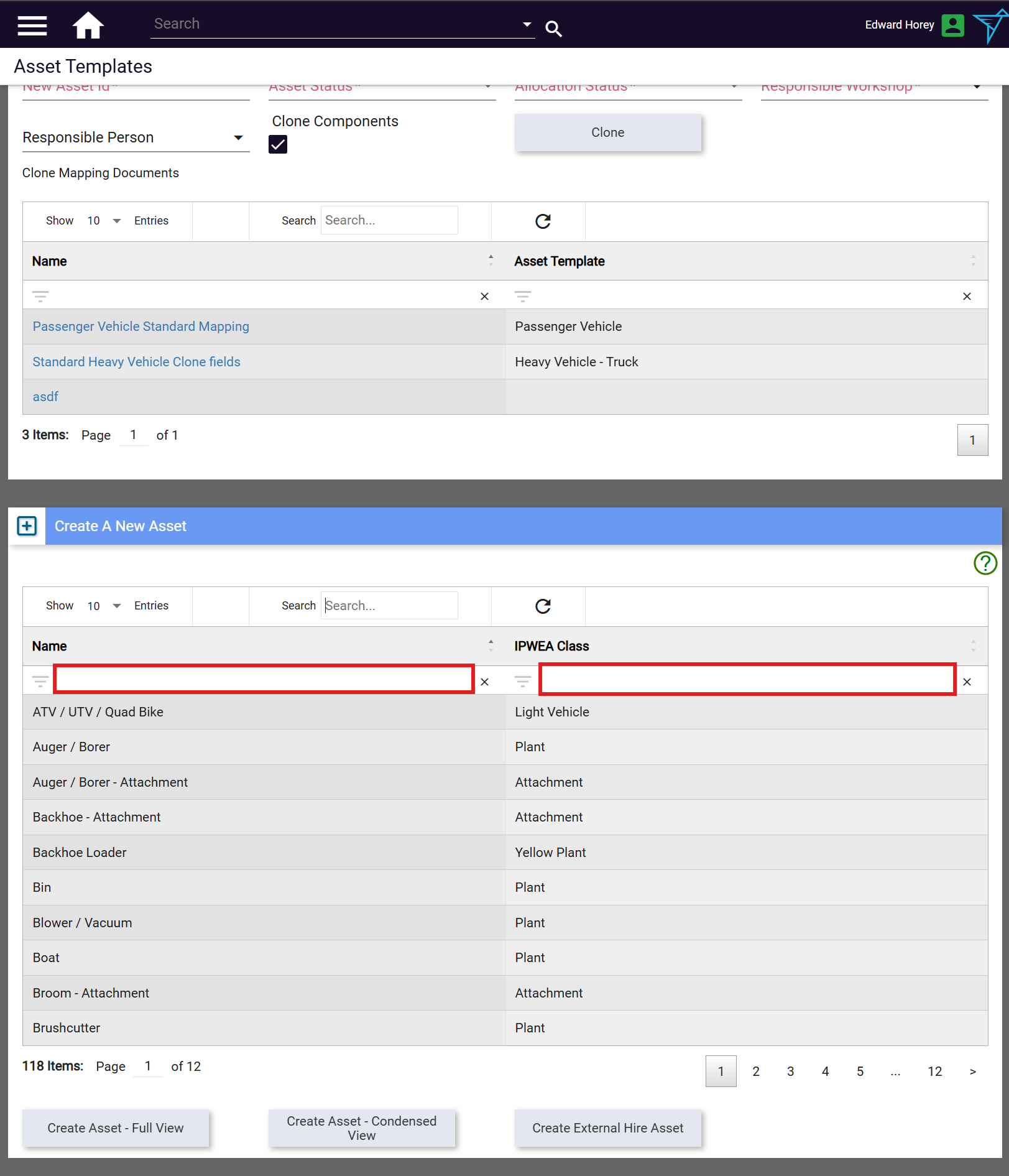 The Create A New Asset table showing the Name and IPWEA Class filter columns