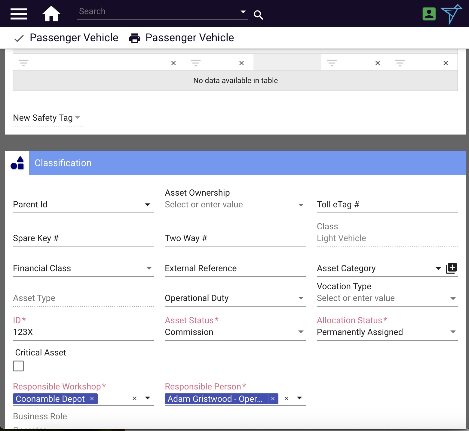 An asset template open with fields ready to fill in