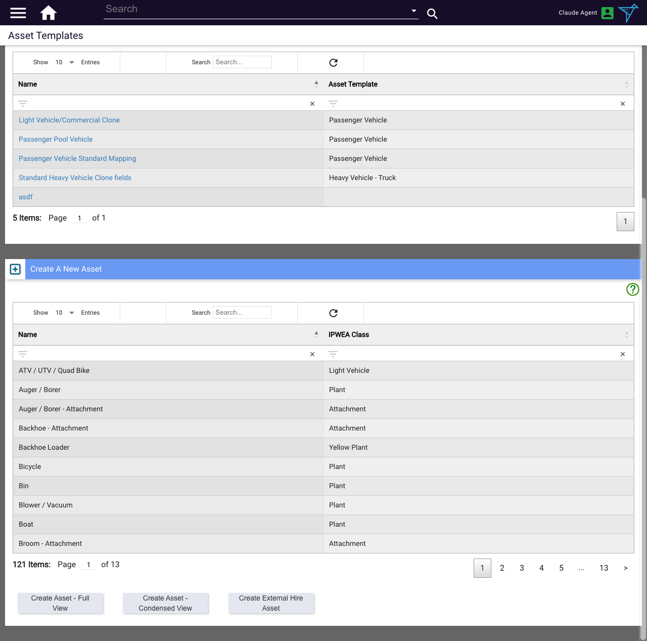 The Create External Hire Asset button on the Asset Templates page