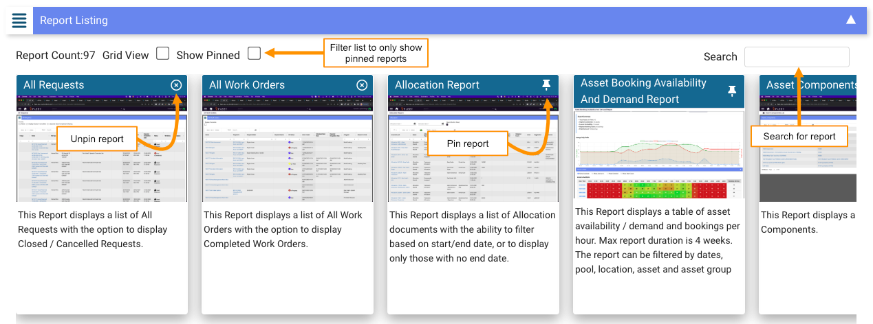 The Report Listing panel