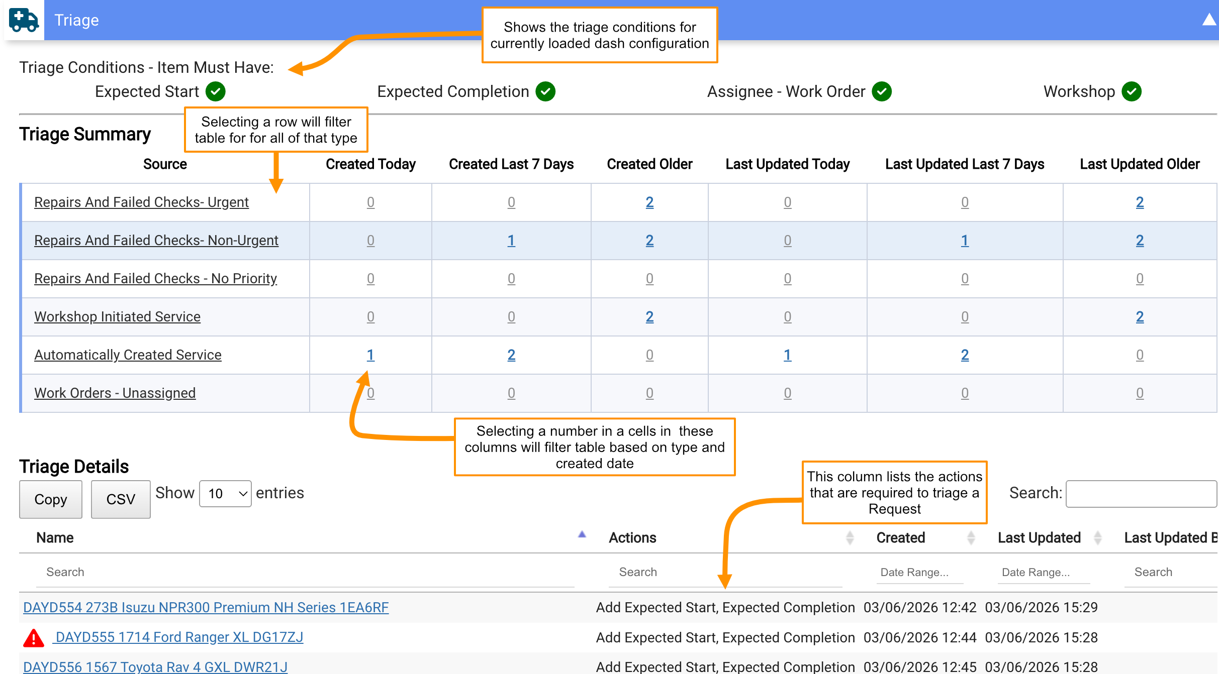 The Triage panel showing the summary table and details table
